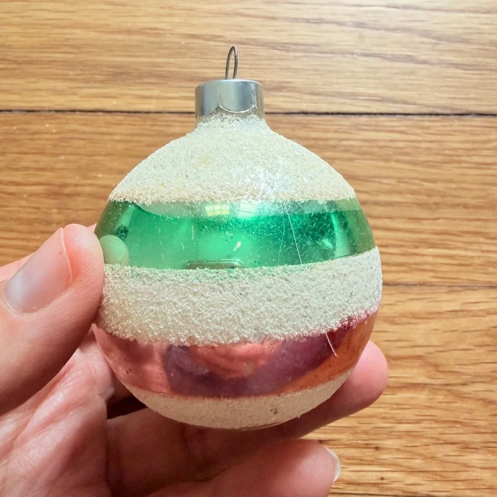 George Franke Pair Christmas Ornaments Pink Green Striped Mica USA MCM 1950's